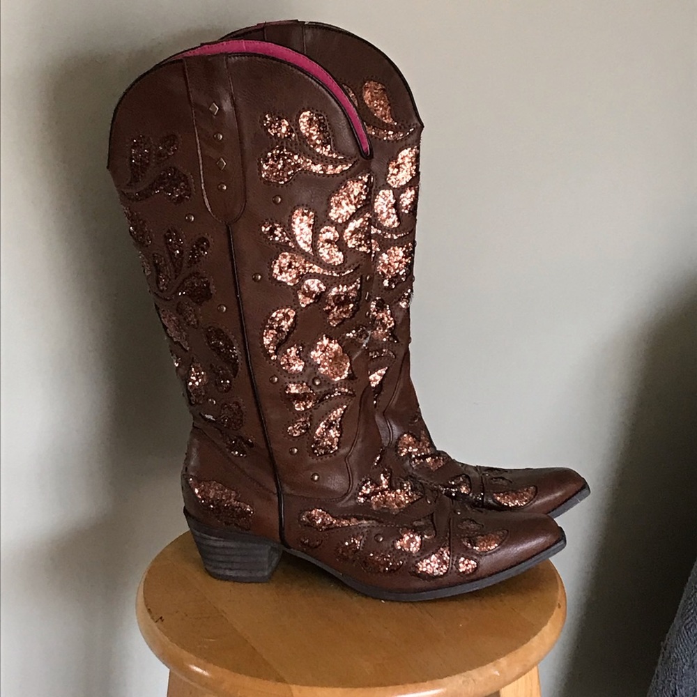 Country Fried Chicks Rose Gold and Dark Brown Cowgirl Boots